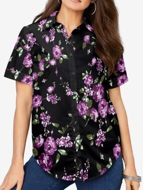Roaman’s Kate Short Sleeve Easy Cotton-Blend Button-Front Shirt